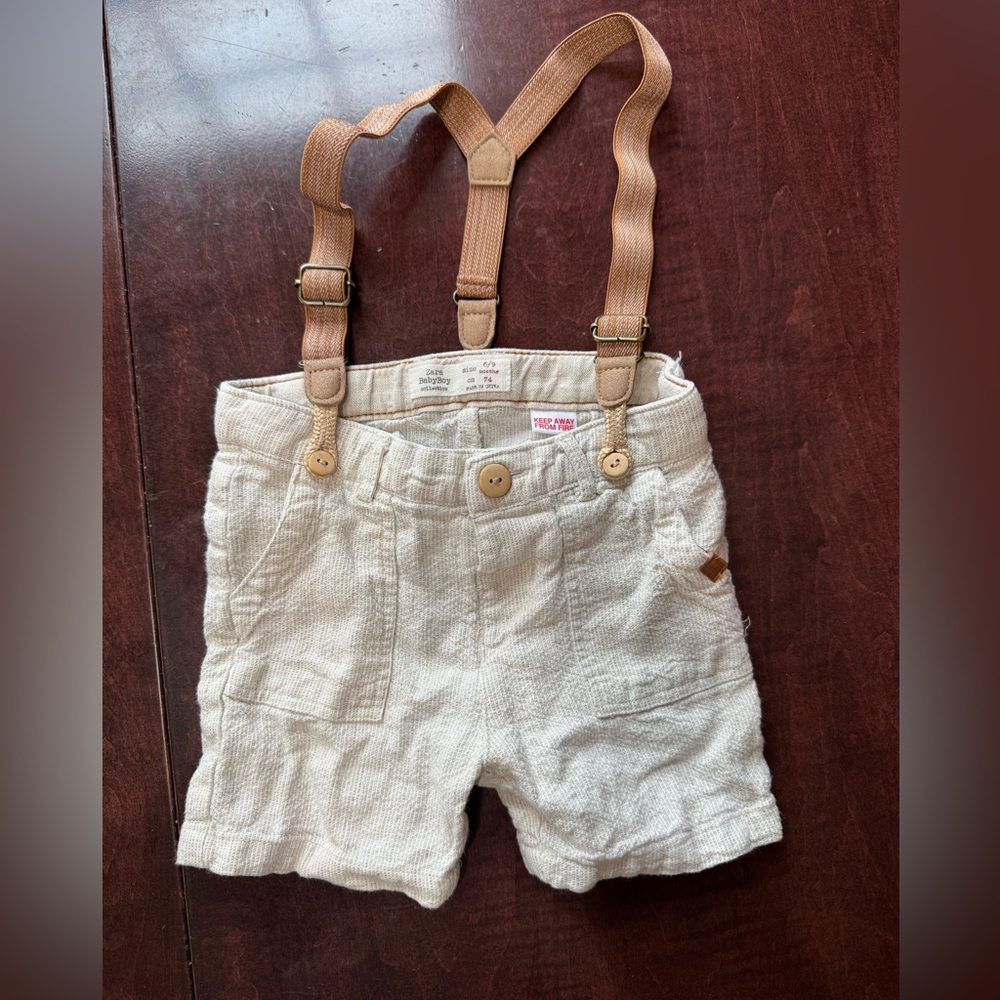 Zara Cream Woven Kids Shorts with Tan Suspenders
